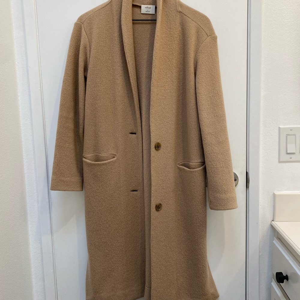 Aritzia Wilfred Tan Long Merino Wool Sweater Coat